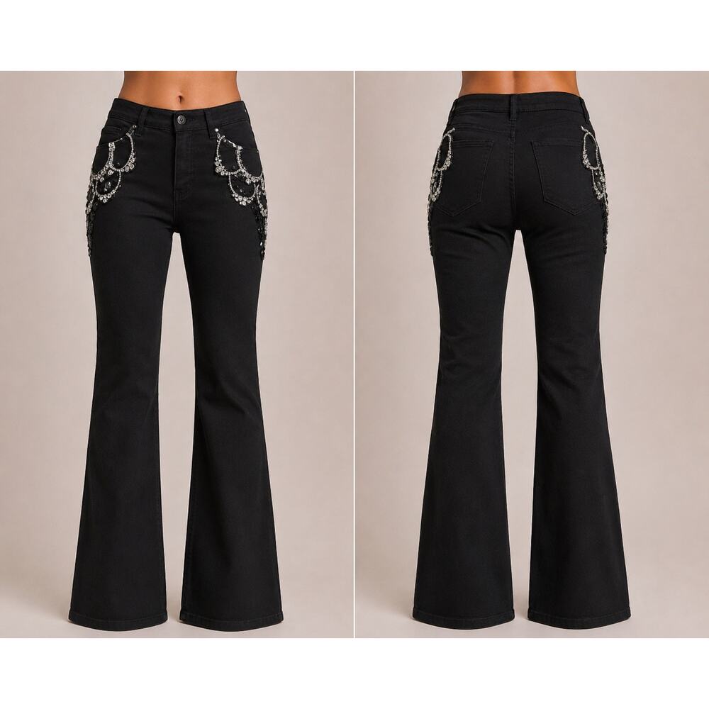 Cache Chunky Rhinestone Pockets Stretch Black Jean Pant Flair Leg New $158 NWT